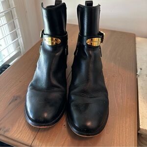 Michael Kors Black Leather Ankle Boots with Gold Buckle
